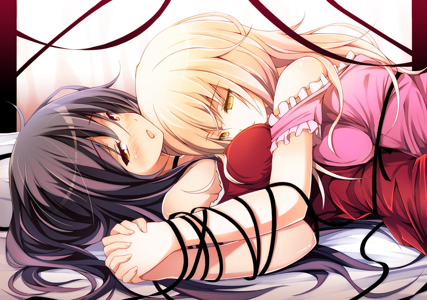 :o bangs black_hair blonde_hair blush breast_press breasts chiri_(atlanta) choker couple eyebrows_visible_through_hair from_side highres holding_hands interlocked_fingers long_hair looking_at_viewer looking_to_the_side lying medium_breasts multiple_girls off_shoulder on_back open_mouth orange_eyes original ribbon yellow_eyes yuri