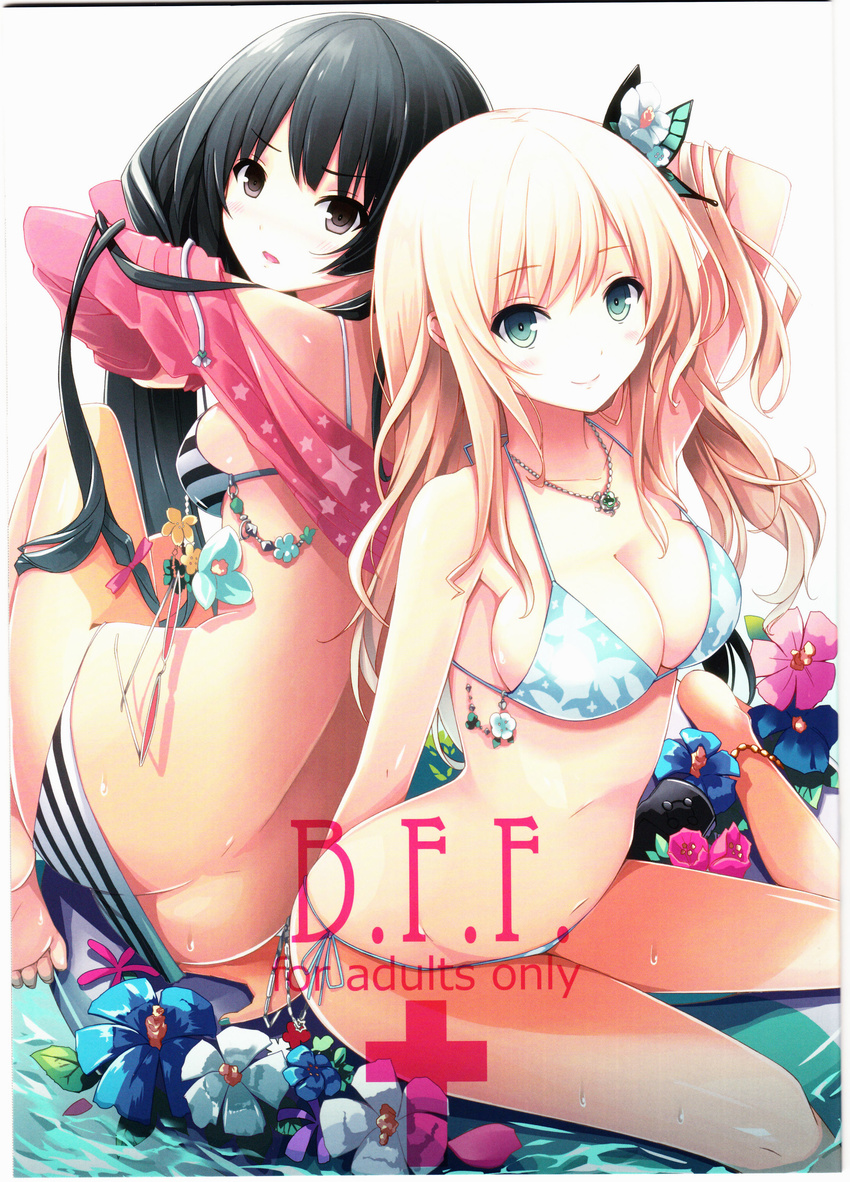 absurdres aqua_eyes arm_up ass back-to-back bangs barefoot bikini black_eyes black_hair blonde_hair blue_bikini blue_eyes blush boku_wa_tomodachi_ga_sukunai breasts brown_eyes bug butt_crack butterfly cleavage cover cover_page flower hair_ornament highres insect jewelry kashiwazaki_sena large_breasts long_hair long_sleeves mikazuki_yozora mikoto_akemi multiple_girls navel necklace open_mouth partially_submerged scan shirt_lift side-tie_bikini sideboob sitting smile striped striped_bikini striped_swimsuit swimsuit undressing water wavy_hair wet