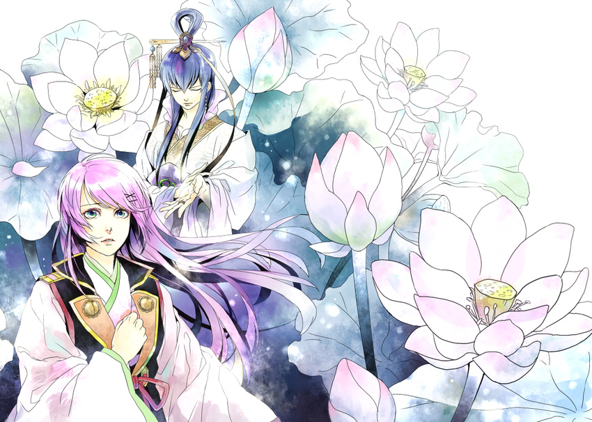 1girl bad_id bad_pixiv_id blue_hair character_request flower hair_ornament harukanaru_toki_no_naka_de harukanaru_toki_no_naka_de_3 kasuga_nozomi long_hair lotus pink_hair saiga_tokihito