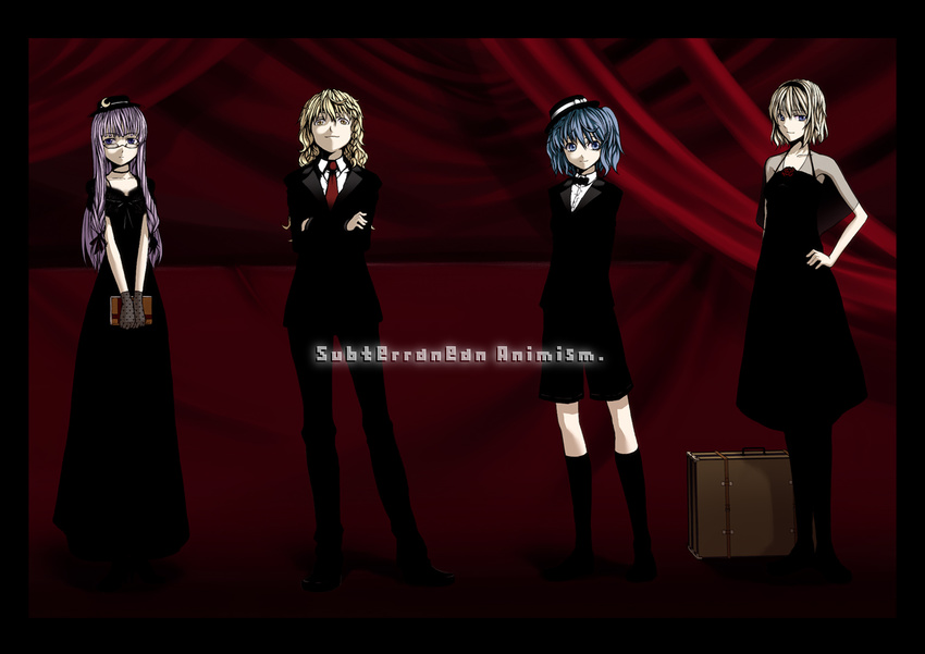 alice_margatroid alternate_costume arms_behind_back bad_id bad_pixiv_id bespectacled blonde_hair book bow bowtie contemporary crossed_arms dress formal glasses hand_on_hip kamata_yuuya kawashiro_nitori kirisame_marisa kneehighs multiple_girls necktie no_hat no_headwear pant_suit pants pantyhose patchouli_knowledge shorts smile socks suit suitcase touhou two_side_up v_arms