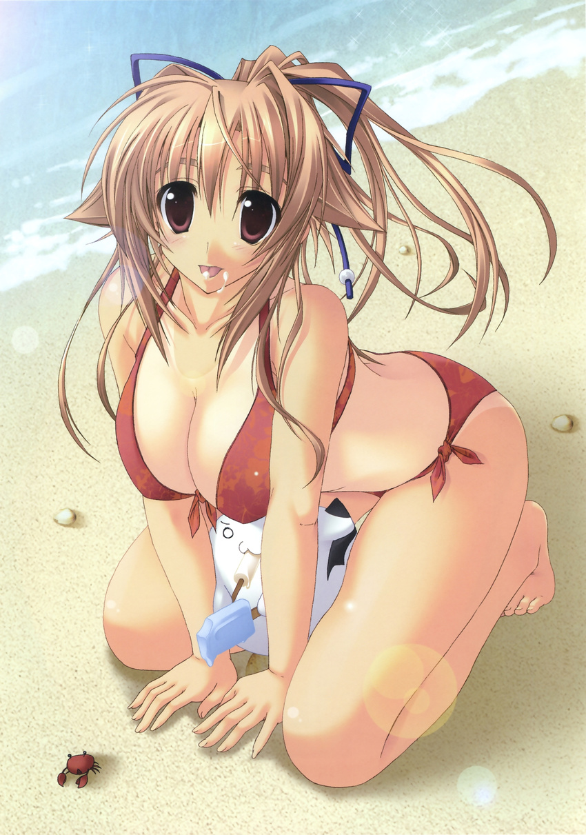 absurdres akane-iro_ni_somaru_saka barefoot beach bikini breasts brown_hair cat cleavage crab crustacean day feet food highres ice_cream kiryuu_tsukasa_(akane-iro_ni_somaru_saka) kneeling large_breasts legs naturalton ponytail solo swimsuit thighs toes