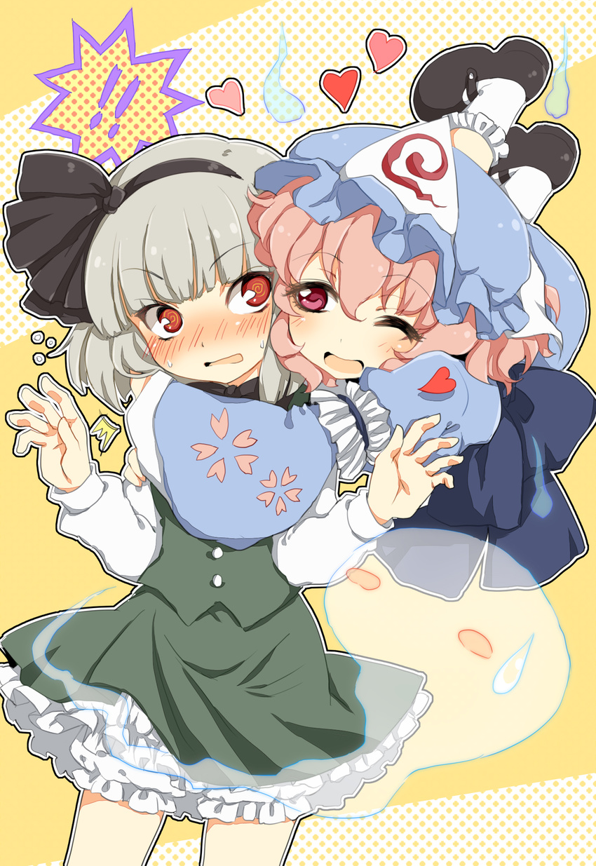 !! 2girls @_@ bangs blunt_bangs blush bob_cut flying hairband hat heart highres hug hug_from_behind konpaku_youmu konpaku_youmu_(ghost) multiple_girls niji_(nijioki) one_eye_closed saigyouji_yuyuko surprised sweatdrop touhou transparent