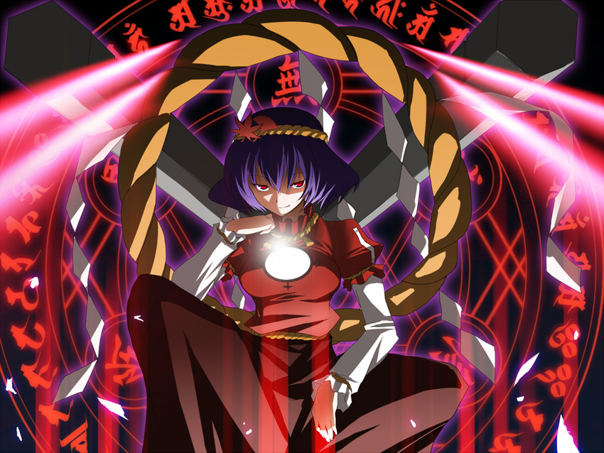 breasts dress kasu_kazu large_breasts leaf magic_circle mirror purple_hair red_eyes rope short_hair siddham sitting smirk solo touhou yasaka_kanako