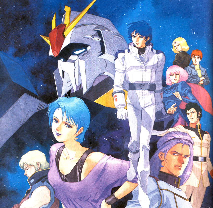 5boys 80s amuro_ray artist_request bright_noa char_aznable four_murasame gundam haman_karn kamille_bidan mecha multiple_boys multiple_girls oldschool paptimus_scirocco quattro_vageena sayla_mass zeta_gundam zeta_gundam_(mobile_suit)