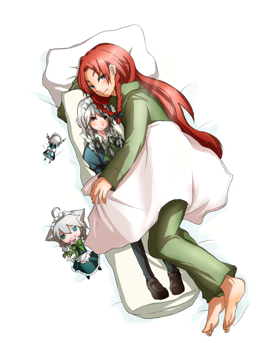 :&lt; ahoge animal_ears bad_id bad_pixiv_id barefoot blue_eyes braid dakimakura_(object) dog_ears feet highres hong_meiling inu_sakuya izayoi_sakuya knife kurau_kii long_hair maid maid_headdress pillow red_eyes red_hair silver_hair solo touhou twin_braids