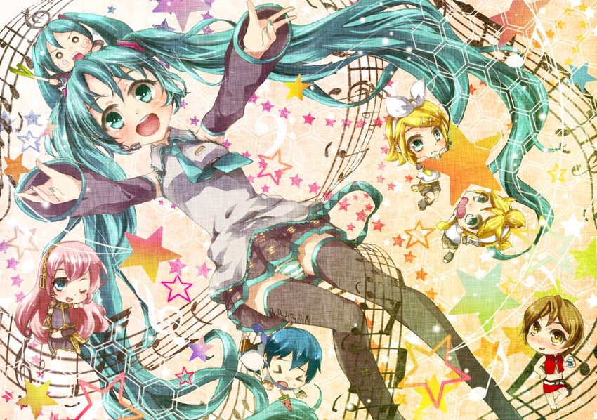 &gt;_&lt; 5girls aqua_eyes aqua_hair blonde_hair blue_eyes blue_hair brown_hair chibi closed_eyes detached_sleeves green_eyes hachune_miku hatsune_miku kagamine_len kagamine_rin kaito long_hair megurine_luka meiko multiple_boys multiple_girls musical_note necktie panties pink_hair skirt smile star striped striped_panties thighhighs tottsuan twintails underwear very_long_hair vocaloid