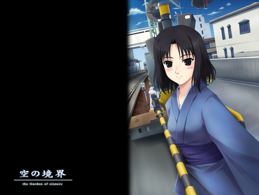 black_hair blush highres japanese_clothes kara_no_kyoukai kimono railroad_crossing railroad_tracks ryougi_shiki short_hair smile solo tai_(2vs)