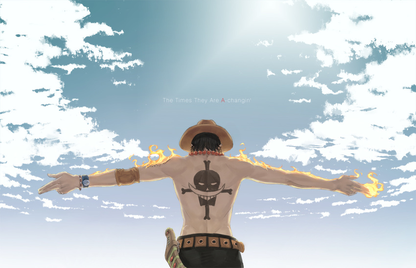 armband back back_tattoo belt black_hair bracelet cloud day fire hat jewelry jolly_roger kyuugou_(ninekoks) male_focus necklace one_piece portgas_d_ace shirtless sky solo sword tattoo weapon whitebeard_pirates