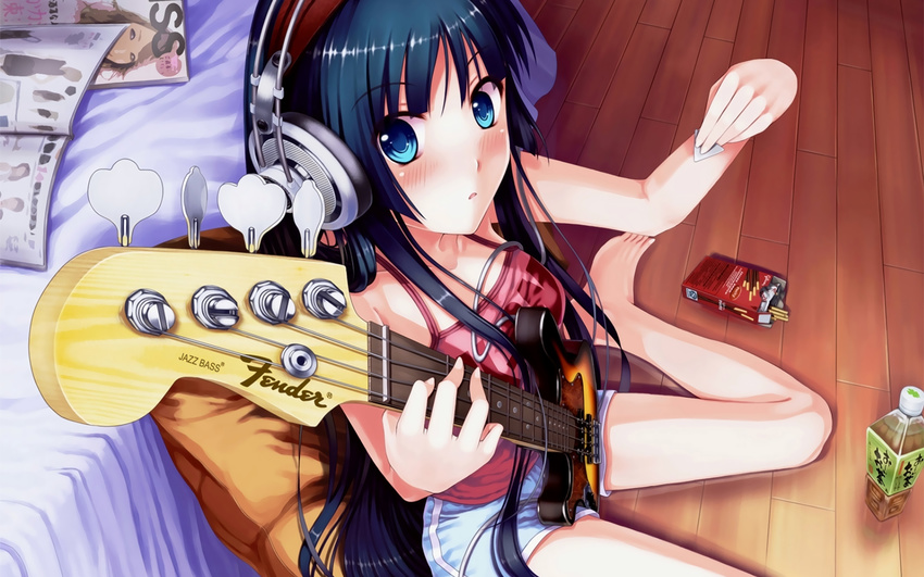 akg akiyama_mio barefoot bass_guitar bedroom bedside blue_eyes blue_hair blush book bottle breasts casual discman dopollsogno feet fender food foreshortening headphones highres instrument jazz_bass k-on! long_hair magazine medium_breasts pillow plectrum pocky shelf shorts solo tea wallpaper