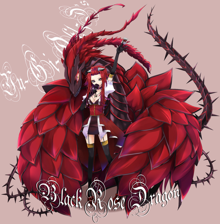 black_rose_dragon breasts brown_eyes choker cleavage dragon dress duel_monster elbow_gloves flower gloves highres izayoi_aki jewelry long_hair md5_mismatch medium_breasts minazuki_jun necklace red_hair rose solo yuu-gi-ou yuu-gi-ou_5d's