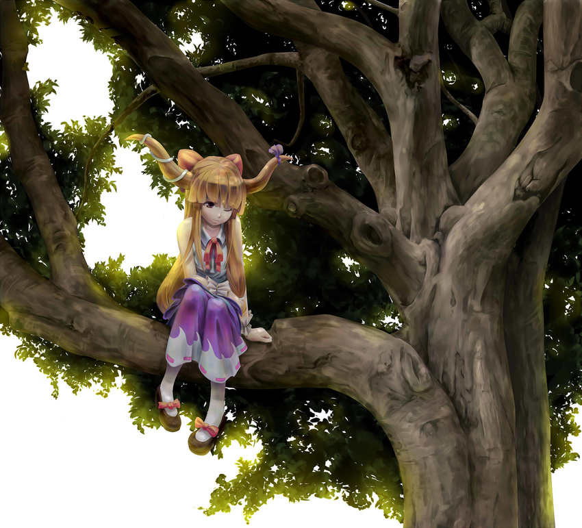 arm_at_side arm_support bad_id bad_pixiv_id black_footwear blonde_hair bow brown_eyes brown_hair closed_mouth collared_shirt dappled_sunlight day foot_dangle hair_bow hand_on_own_thigh highres horn_ribbon horns ibuki_suika in_tree light_smile long_hair looking_at_viewer nature neck_ribbon one_eye_closed pigeon-toed purple_ribbon purple_skirt red_bow red_neckwear red_ribbon ribbon ribbon_trim ryuushiro shirt shoes sitting sitting_in_tree skirt sleeveless sleeveless_shirt solo sunlight touhou tree very_long_hair white_background white_legwear white_shirt wrist_cuffs
