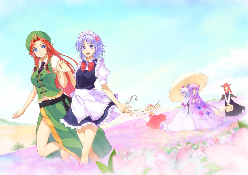 :/ apron bat_wings blonde_hair blue_eyes braid china_dress chinese_clothes dress field flandre_scarlet flower flower_field hair_flower hair_ornament hakui_ami happy hat head_wings holding_hands hong_meiling izayoi_sakuya koakuma lavender_eyes lavender_hair long_hair maid maid_headdress meadow multiple_girls nature outstretched_arms parasol patchouli_knowledge pocket_watch purple_hair red_hair remilia_scarlet short_hair smile spread_arms the_embodiment_of_scarlet_devil touhou twin_braids umbrella v_arms very_long_hair walking watch wings