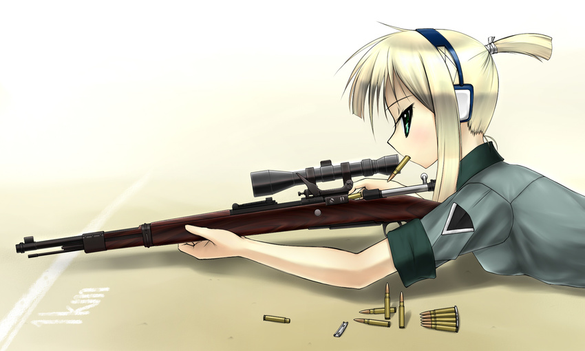 blonde_hair bolt_action bullet clip_(weapon) ear_protection green_eyes gun highres iris_(material_sniper) lying material_sniper mauser_98 mouth_hold ponytail rifle scope sleeves_rolled_up sniper_rifle solo weapon yua