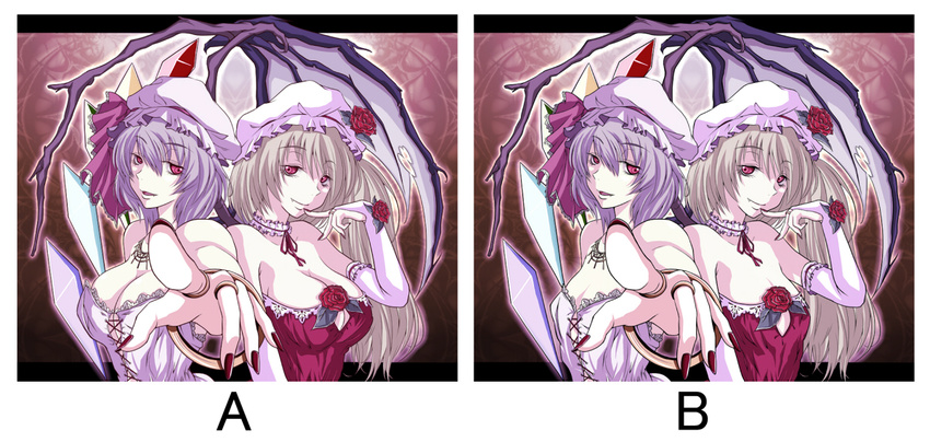 ao_usagi breasts comparison flandre_scarlet flat_chest foreshortening hands large_breasts multiple_girls older remilia_scarlet siblings sisters touhou