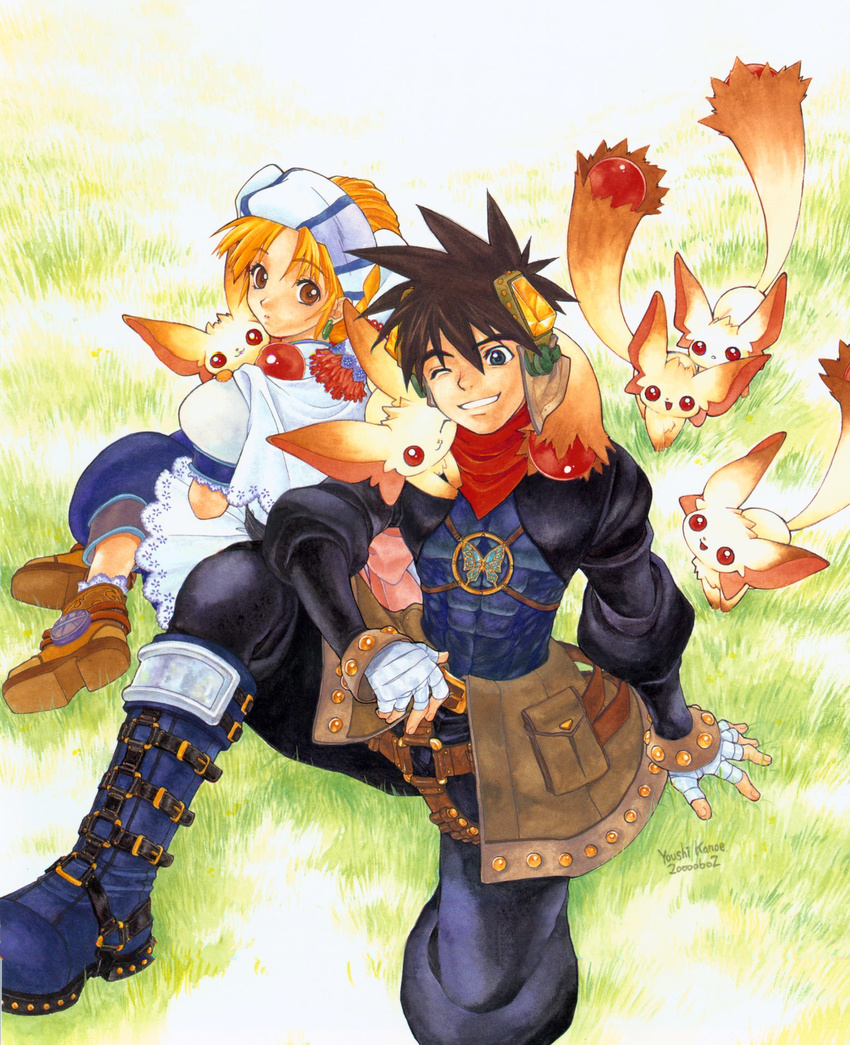 1girl 2000 abs bandages black_eyes black_hair blonde_hair blue_footwear boots brown_eyes brown_hair bug butterfly carro creature cuddling dated earrings elena_(grandia) grandia grandia_ii grass hair_ornament head_scarf highres insect jewelry kanoe_youshi knee_boots looking_back official_art one_eye_closed ryudo_(grandia) scan signature sitting smile traditional_media