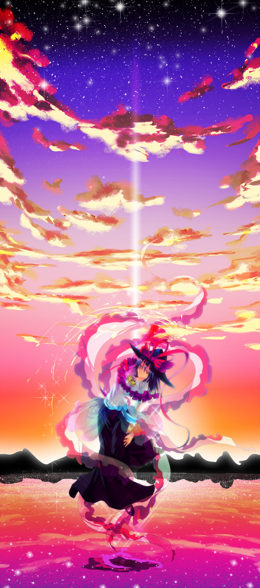 absurdres bad_id bad_pixiv_id blue_hair bow cloud dress frills hat hat_bow highres jewelry nagae_iku red_eyes ribbon shawl short_hair sky smile solo sousakubito space star star_(sky) starry_sky touhou translucent