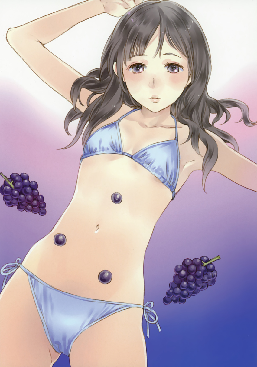 absurdres armpits bikini black_eyes black_hair blue_bikini blush collarbone face flat_chest food fruit gradient gradient_background grapes halterneck highres image_sample kishida_mel long_hair looking_at_viewer lying navel on_back open_mouth original side-tie_bikini solo swimsuit yandere_sample