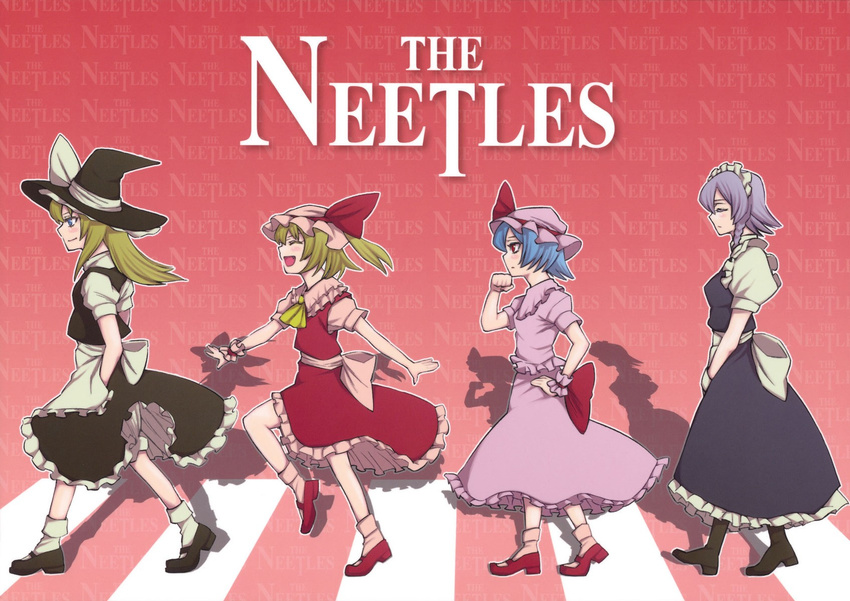 abbey_road crosswalk english flandre_scarlet hat highres izayoi_sakuya kirisame_marisa mary_janes multiple_girls neet parody profile pun remilia_scarlet ribbon shoes short_hair the_beatles touhou uousa-ou