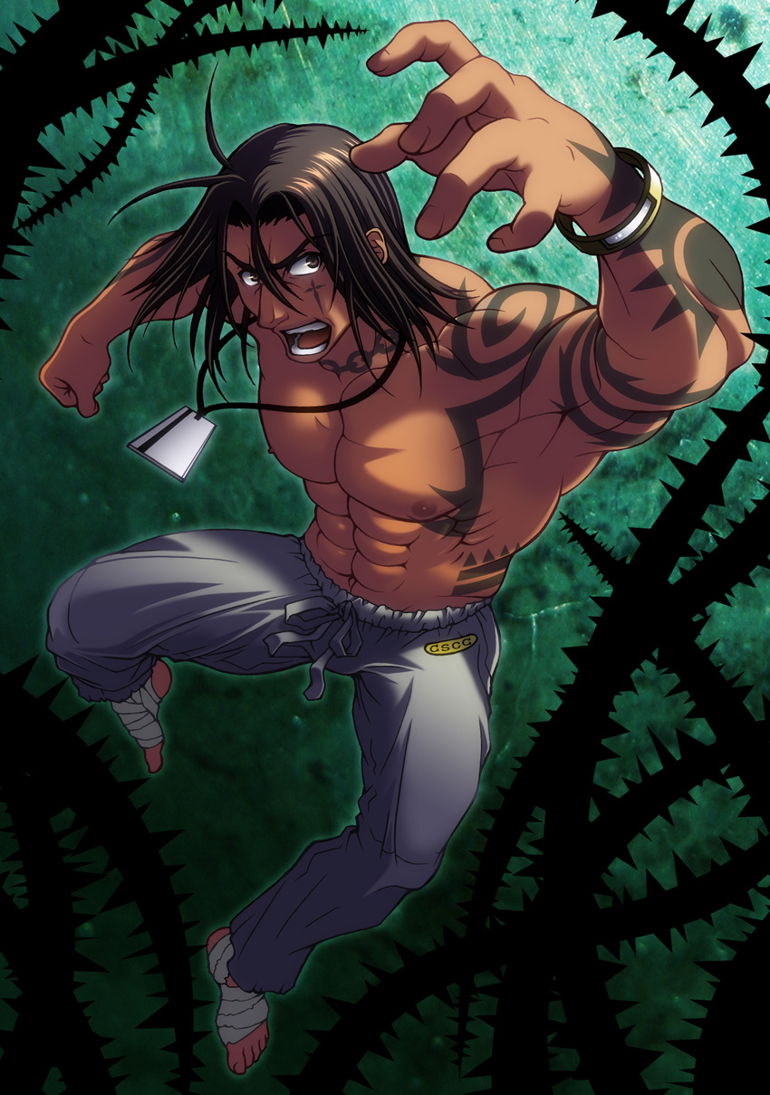 bracelet brown_hair card card_pendant dark_skin dark_skinned_male highres ibara_no_ou jewelry jumping male_focus manly marco_owen masurao_bc pendant shirtless solo tattoo