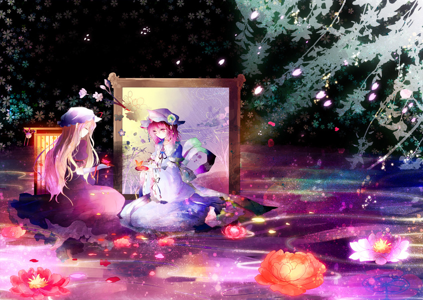 bad_id bad_pixiv_id blonde_hair bow cherry_blossoms closed_eyes dress flower hat japanese_clothes kazu_(muchuukai) long_hair lotus multiple_girls petals pink_eyes pink_hair saigyouji_yuyuko short_hair smile touhou triangular_headpiece yakumo_yukari