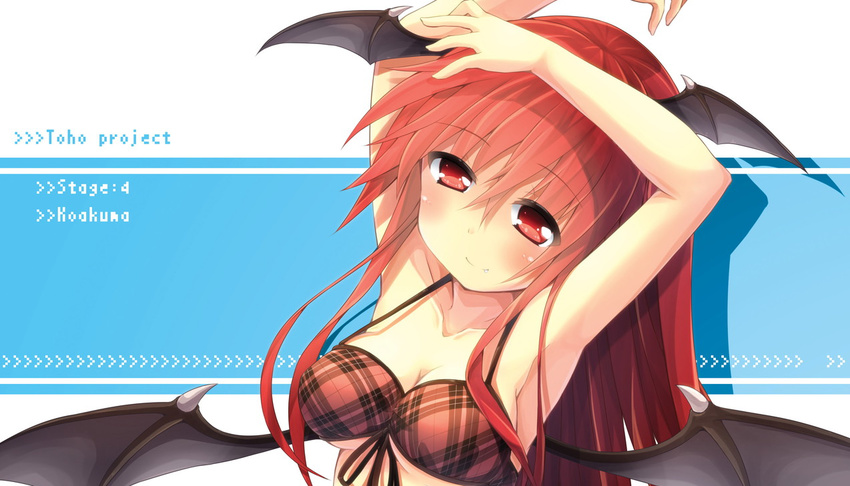 armpits arms_behind_head arms_up bad_id bad_pixiv_id bat_wings blush bra breasts cleavage fang front-tie_top head_wings koakuma lingerie long_hair medium_breasts oruto_(ort+) plaid red_bra red_eyes red_hair simple_background smile solo touhou underboob underwear underwear_only wings