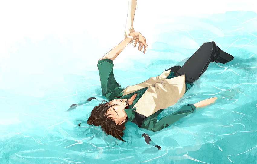 aldde_aldde bad_id bad_pixiv_id brown_hair closed_eyes facial_hair kaburagi_t_kotetsu lying male_focus necktie outstretched_arm solo_focus stubble submerged tiger_&amp;_bunny vest waistcoat water