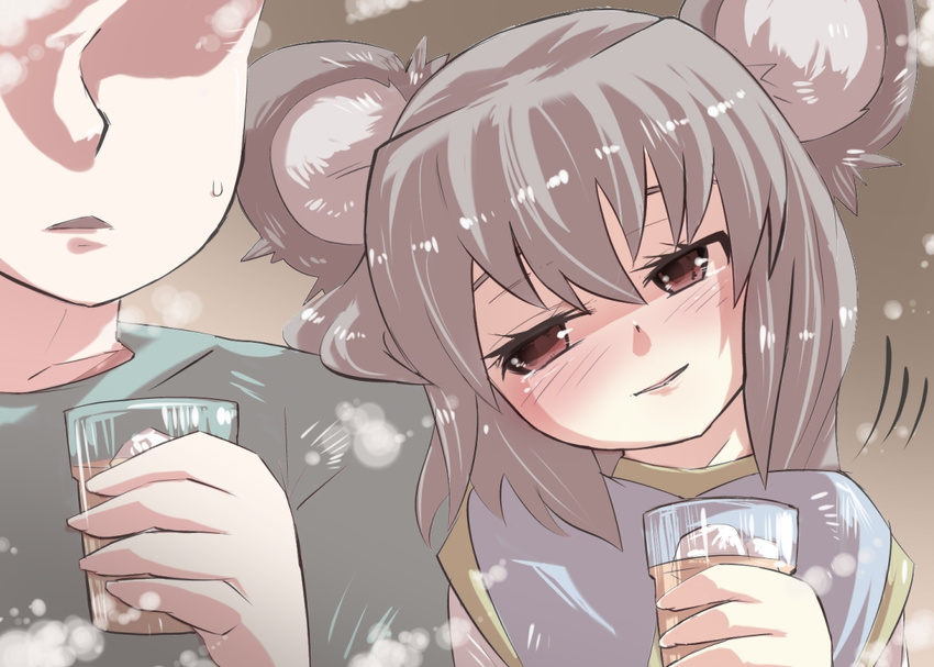animal_ears blush check_translation close-up commentary drink drunk faceless faceless_male gaoo_(frpjx283) glass grey_hair head_out_of_frame hetero mouse_ears nazrin red_eyes shirt short_hair sweatdrop touhou translated translation_request