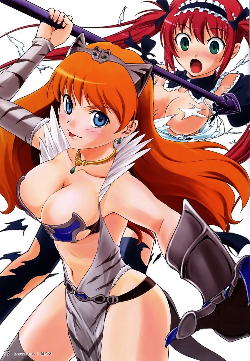 :o :p absurdres airi_(queen's_blade) bare_shoulders blue_eyes blush breasts cleavage earrings elina green_eyes highres jewelry large_breasts long_hair multiple_girls necklace orange_hair queen's_blade red_hair shirotsumekusa tongue tongue_out torn_clothes twintails