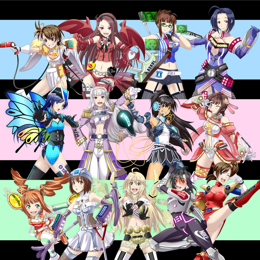 :d ahoge akizuki_ritsuko amami_haruka armor bandai_namco belt black_hair blonde_hair blue_eyes blue_hair bodysuit bow brown_eyes brown_hair buckler butterfly_wings chanel claws cosplay demon_wings dior dolby drill_hair earrings fang futami_ami futami_mami game_console ganaha_hibiki glasses green_eyes gun hagiwara_yukiho hasbro headband headset highres hoshii_miki ichimedoo idolmaster idolmaster_(classic) image_sample jewelry kanda_momo kanda_momo_(cosplay) kikuchi_makoto kisaragi_chihaya komatsu_(company) konami latex lawson lipton logo long_hair md5_mismatch microsoft midriff minase_iori miura_azusa multiple_girls name_tag navel necktie niconico nike nippon_columbia nissin open_mouth panasonic_corporation pauldrons pixiv_sample playstation_3 ponytail purple_eyes purple_hair red_eyes reflection season_connection shield shijou_takane short_hair shorts smile starbucks sunrise_(company) suspenders takatsuki_yayoi tbs thighhighs tiger_&amp;_bunny twintails very_long_hair weapon white_hair wings wonder_momo xbox_360 yahoo! yamaha zettai_ryouiki