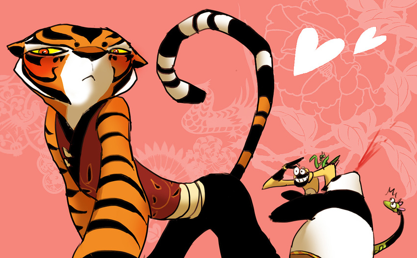 all_fours anthro bear blood butt feline female grin group kung_fu_panda looking_at_viewer mammal mantis master_mantis master_monkey master_tigress monkey nosebleed panda po primate raised_tail red_eyes sirloinster tiger