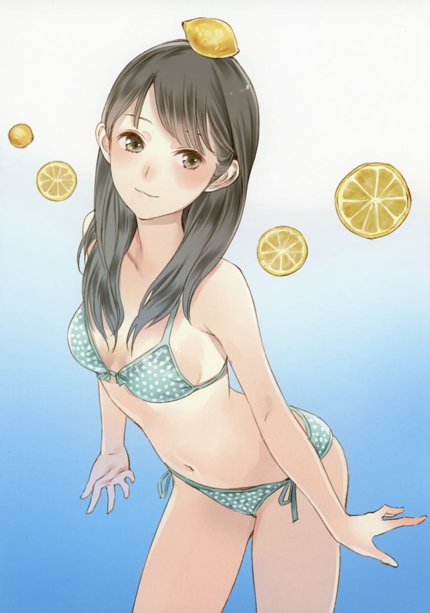 :3 absurdres arched_back bare_shoulders bikini black_eyes black_hair breasts face food front-tie_top fruit fruit_background gradient gradient_background green_eyes highres image_sample kishida_mel leaning_forward lemon long_hair medium_breasts navel original side-tie_bikini solo swimsuit yandere_sample