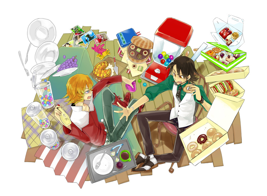 barnaby_brooks_jr blonde_hair blue_eyes brown_eyes brown_hair candy chair chewing_gum dish doughnut fang food fork glasses gumball highres jacket jewelry kaburagi_t_kotetsu male_focus mayonnaise miyakami multiple_boys necklace necktie photo_(object) pie red_jacket spoon superhero sweets tiger_&amp;_bunny vest waistcoat wild_tiger
