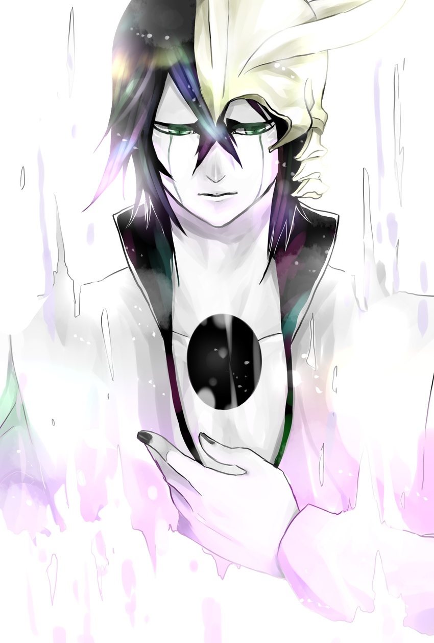 1boy arrancar black_hair black_nails bleach espada expressionless facial_mark green_eyes hair_between_eyes highres hole hollow li_sakura nail_polish open_clothes open_shirt shirt short_hair skull slit_pupils solo ulquiorra_cifer ulquiorra_schiffer white_skin