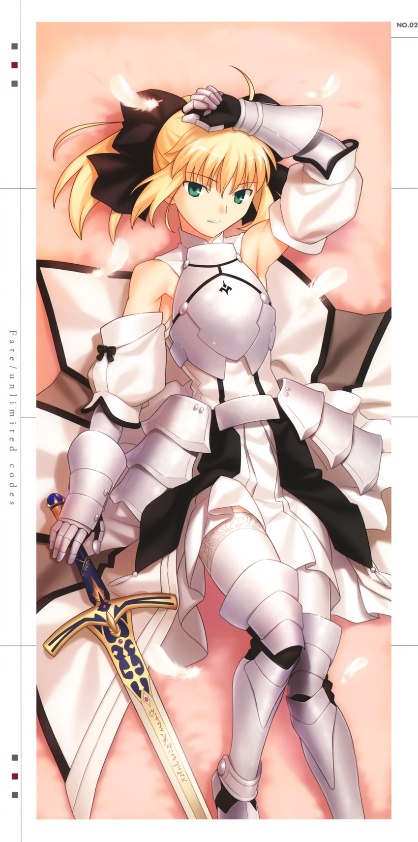 absurdres ahoge armor armored_dress armpits artoria_pendragon_(all) bare_shoulders blonde_hair dakimakura dress fate/stay_night fate/unlimited_codes fate_(series) gauntlets green_eyes hair_ribbon highres higurashi_ryuuji ribbon saber saber_lily smile solo thighhighs