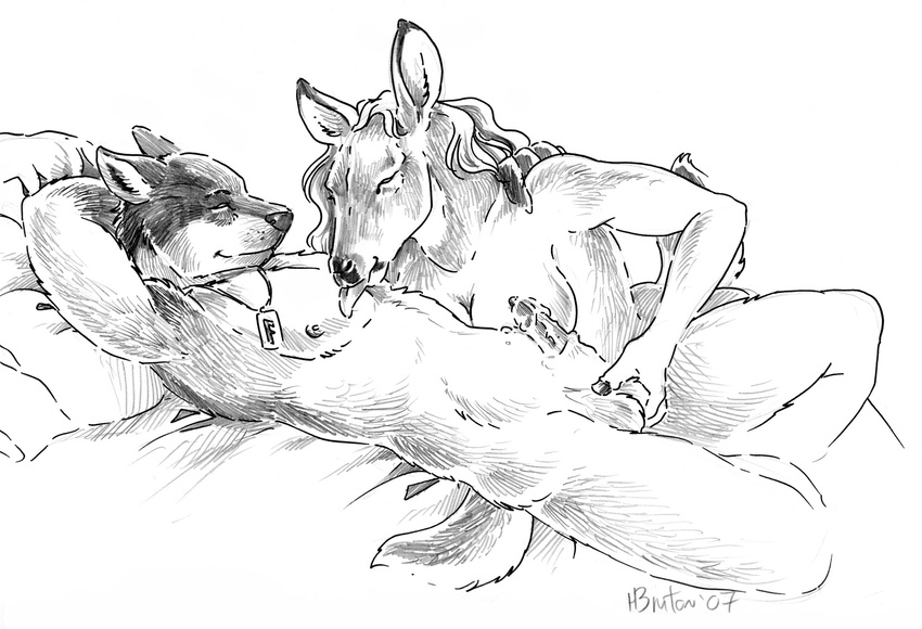 breasts canine cervine deer female hair heather_bruton licking lying male mammal on_back penis pillow straight tongue wolf