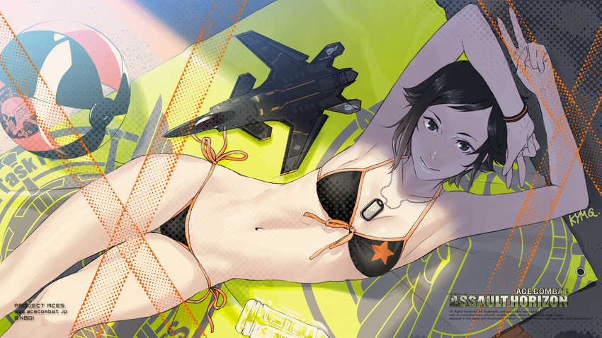 ace_combat ace_combat_assault_horizon aircraft airplane armpits arms_up asf-x_shinden_ii ball bangs beachball bikini black_bikini black_hair bottle breasts closed_mouth company_name copyright_name dog_tags double_v drink dutch_angle emblem from_above front-tie_bikini front-tie_top groin halftone highres jet jewelry kei_nagase kozaki_yuusuke legs_together light_smile logo lying navel necklace official_art on_back parted_bangs shade short_hair side-tie_bikini signature small_breasts solo star star_print string_bikini swept_bangs swimsuit thigh_gap transparent v wallpaper water_bottle watermark web_address widescreen wristband