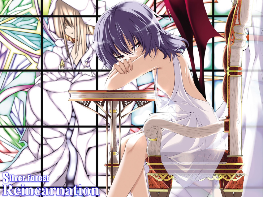 album_cover alternate_costume backless_outfit bare_shoulders bat_wings chair cover head_rest highres no_hat no_headwear purple_hair red_eyes remilia_scarlet rondo_umigame see-through short_hair sitting skirt solo stained_glass table touhou white_skirt wings