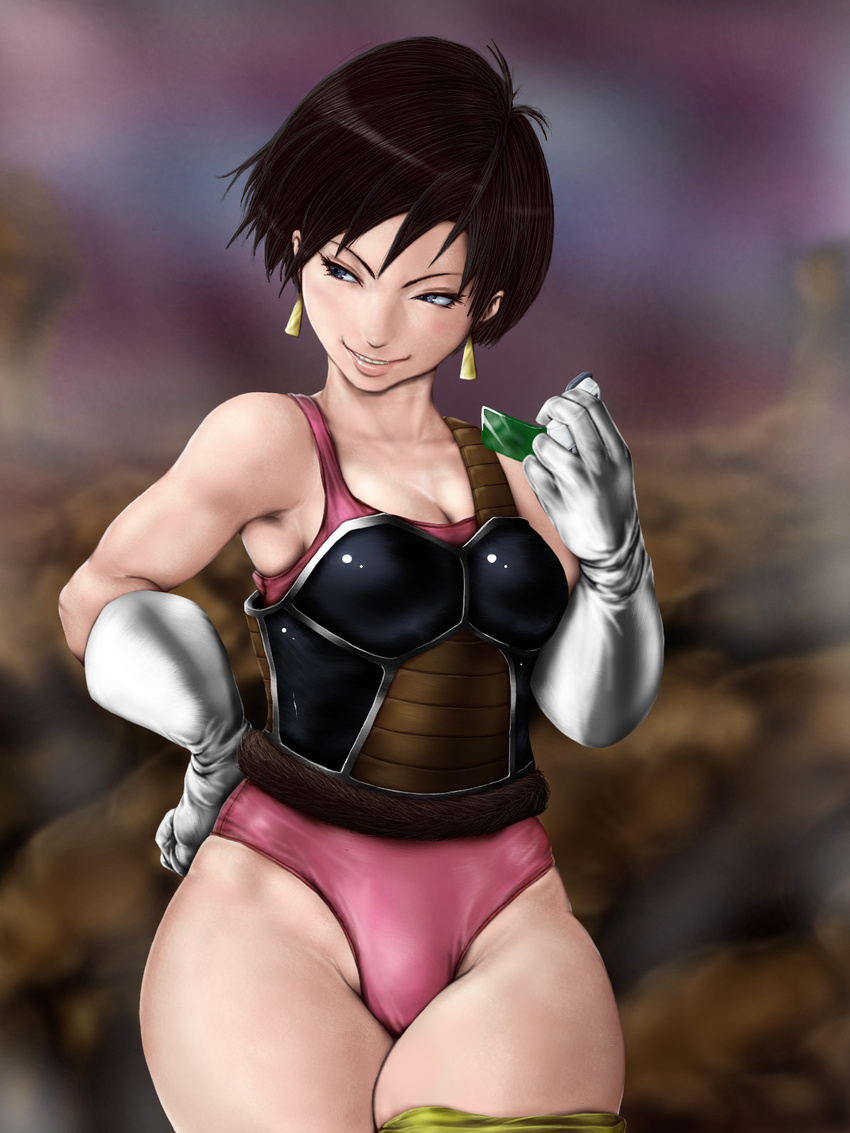armor bad_id bad_pixiv_id bare_shoulders black_hair blue_eyes curvy dragon_ball dragon_ball_z earrings gloves grin hand_on_hip highres jewelry leotard monkey_tail nix_(ak-style) pink_leotard plump scouter seripa short_hair smile solo tail teeth thick_thighs thighs