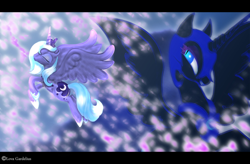 alicorn black_body blue_body blue_eyes blue_hair cats_eyes couple crescent_moon crown equine falling flying friendship_is_magic gardelius hair horn horse moon moon_cutie_mark my_little_pony nightmare_moon pony princess_luna_(mlp) wings