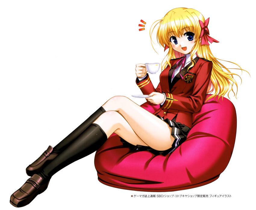 absurdres bean_bag_chair bekkankou black_legwear blonde_hair blue_eyes crossed_legs cup fortune_arterial highres kneehighs legs long_hair long_legs miniskirt school_uniform sendou_erika shuuchikan_academy_uniform sitting skirt solo teacup thighs