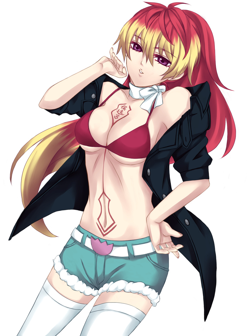 ao_no_exorcist belt bikini_top breasts cleavage highres jacket katana kirigakure_shura large_breasts multicolored_hair navel perspective ponytail red_eyes ribbon sword tattoo two-tone_hair weapon