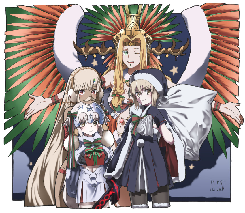 4girls absurdres altera_(fate) altera_the_santa antlers aoi_suzu artoria_pendragon_(all) bell blonde_hair bow cape dark_excalibur earmuffs fake_facial_hair fake_mustache fake_wings fate/grand_order fate_(series) fur-trimmed_cape fur_trim gift green_eyes hat highres huge_filesize jeanne_d'arc_(fate)_(all) jeanne_d'arc_alter_santa_lily multiple_girls one_eye_closed quetzalcoatl_(fate/grand_order) quetzalcoatl_(samba_santa)_(fate) red_eyes sack santa_alter santa_costume santa_hat smile white_hair wings yellow_eyes