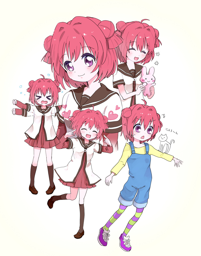 &gt;_&lt; :&lt; :d akaza_akari bad_id bad_pixiv_id blush bunny cat child closed_eyes double_bun dress heart highres kokabu nanamori_school_uniform open_mouth overalls pointing purple_eyes red_hair sailor_dress school_uniform serafuku shoes short_hair skirt smile sneakers striped striped_legwear stuffed_animal stuffed_bunny stuffed_toy sweatdrop thighhighs wavy_mouth younger yuru_yuri