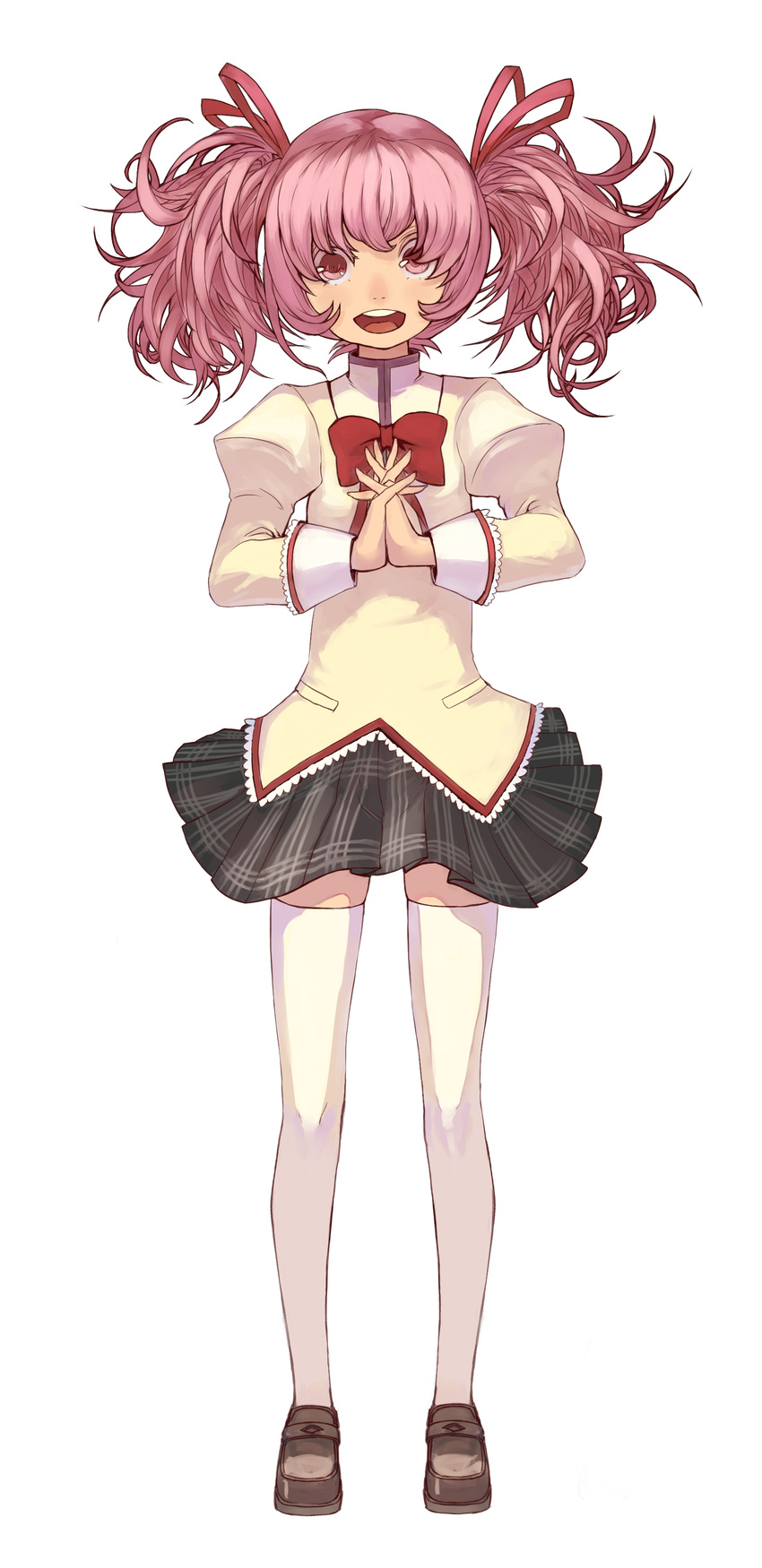 absurdres bad_id bad_pixiv_id bow bowtie full_body hair_ribbon hands_clasped highres kaname_madoka kansou_samehada loafers mahou_shoujo_madoka_magica open_mouth own_hands_together pink_eyes pink_hair ribbon school_uniform shoes short_twintails simple_background skirt smile solo thighhighs twintails white_legwear zettai_ryouiki