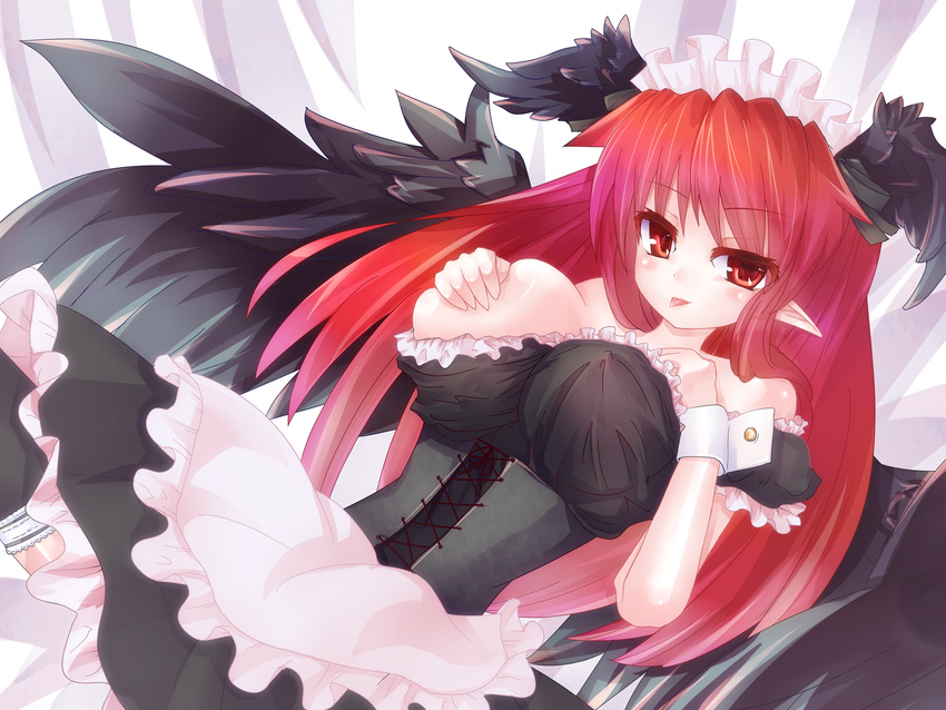 :p alternate_costume alternate_wings bad_id bad_pixiv_id bare_shoulders black_legwear black_wings blush breast_hold breast_slip breasts colored_eyelashes corset covering covering_breasts enmaided eyelashes feathers head_wings highres koakuma lace lace-trimmed_thighhighs large_breasts long_hair looking_at_viewer maid maid_headdress one_breast_out pointy_ears red_eyes red_hair simple_background solo thighhighs tongue tongue_out touhou wings wrist_cuffs yanagi_ryou zettai_ryouiki