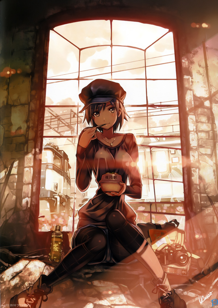 absurdres black_eyes black_hair black_legwear boots bottle cabbie_hat camera chopsticks eating ground_vehicle hat highres impossible_clothes impossible_shirt jewelry lens_flare necklace original pantyhose shirt short_hair shorts sitting solo train vania600 water_bottle window