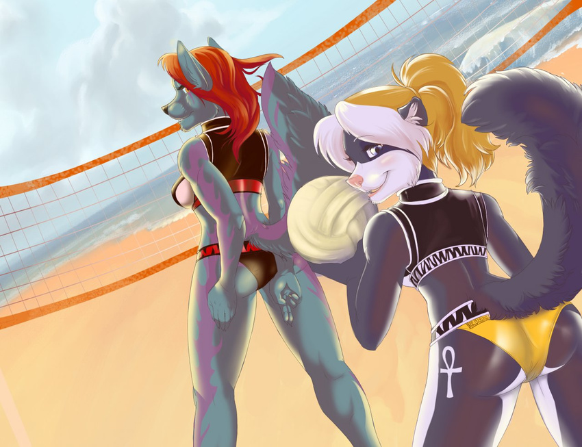 amber_eyes anthro ball beach blue_eyes breasts butt canine couple female fox looking_at_viewer looking_over_shoulder markings miyabita_cheetah net raised_tail red_hair seaside side_boob skimpy skunk standing summer swimsuit tail tattoo volleyball water
