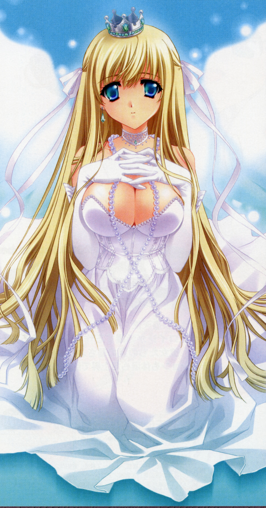 1girl absurdres beads breasts carnelian cleavage copyright_request crown dress gloves highres large_breasts scan solo white