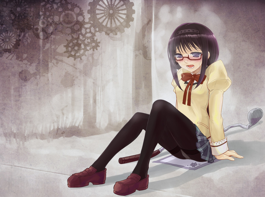 akemi_homura black_hair black_legwear blush bow gears glasses golf_club hairband highres kazu long_hair mahou_shoujo_madoka_magica panties panties_under_pantyhose pantyhose plaid plaid_skirt puffy_sleeves red-framed_eyewear school_uniform skirt solo spoilers thighband_pantyhose underwear