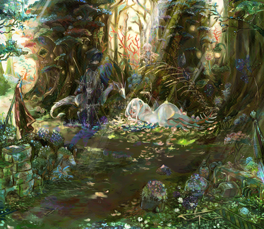 all_fours ass_up blue_hair clearing clothed clothing dragon eye_contact fantasy feral grass group hair hrhr human lying male mammal monster monster_girl nature nude outside pixie polearm scenery sign solo standing tail tombstone tree white_hair wood